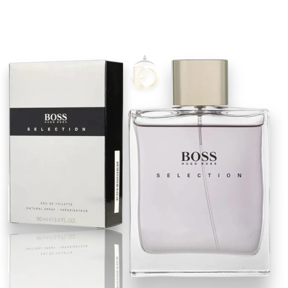 Elegante frasco de cristal transparente de Boss Selection EDT con líquido plateado y fondo oscuro.