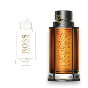 Elegante frasco del perfume Boss The Scent Intense destacando su tono dorado e intensa sofisticación.