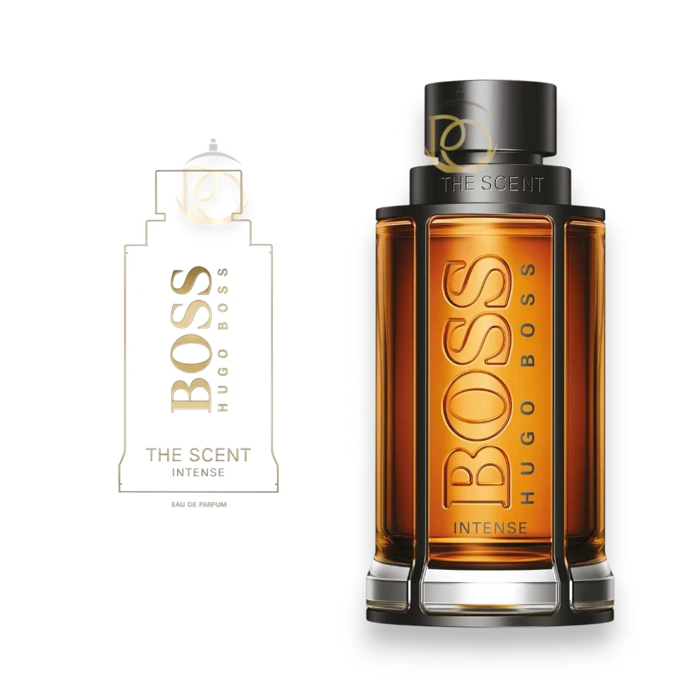 Elegante frasco del perfume Boss The Scent Intense destacando su tono dorado e intensa sofisticación.