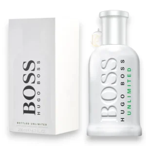 Perfume Boss Unlimited EDT 200ml de Hugo Boss para hombre en frasco blanco sobre fondo elegante