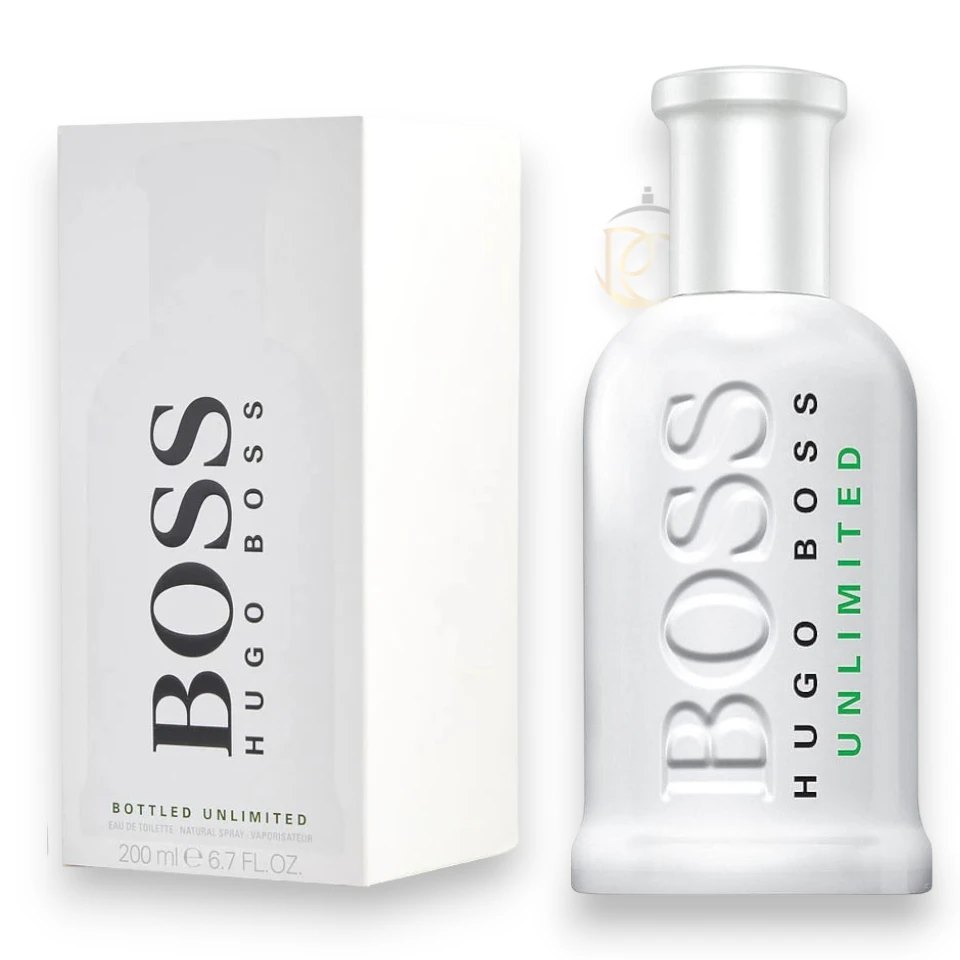 Perfume Boss Unlimited EDT 200ml de Hugo Boss para hombre en frasco blanco sobre fondo elegante