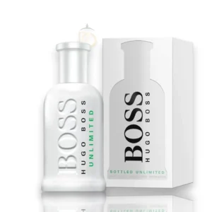 Frasco blanco icónico de Boss Unlimited Hugo Boss EDT sobre un fondo luminoso y con efecto de agua.