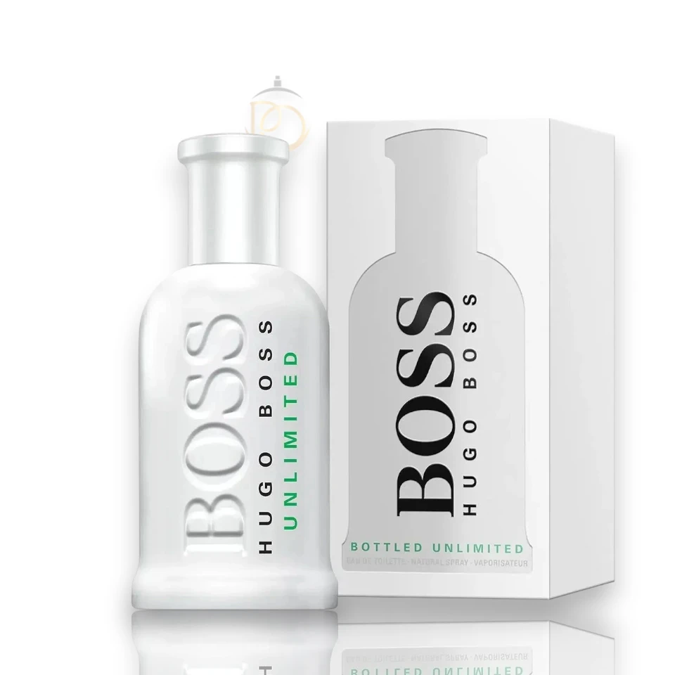 Frasco blanco icónico de Boss Unlimited Hugo Boss EDT sobre un fondo luminoso y con efecto de agua.