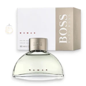 Frasco minimalista de Boss Woman EDP sobre un fondo claro con suaves sombras y destellos de luz.