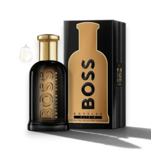 Frasco de Bottled Elixir Parfum Intense en cristal negro opaco con brillante tapón en acabado dorado.