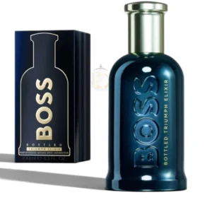 Frasco de Bottled Triumph Elixir Parfum Intense en azul eléctrico opaco con tapa dorada de lujo.