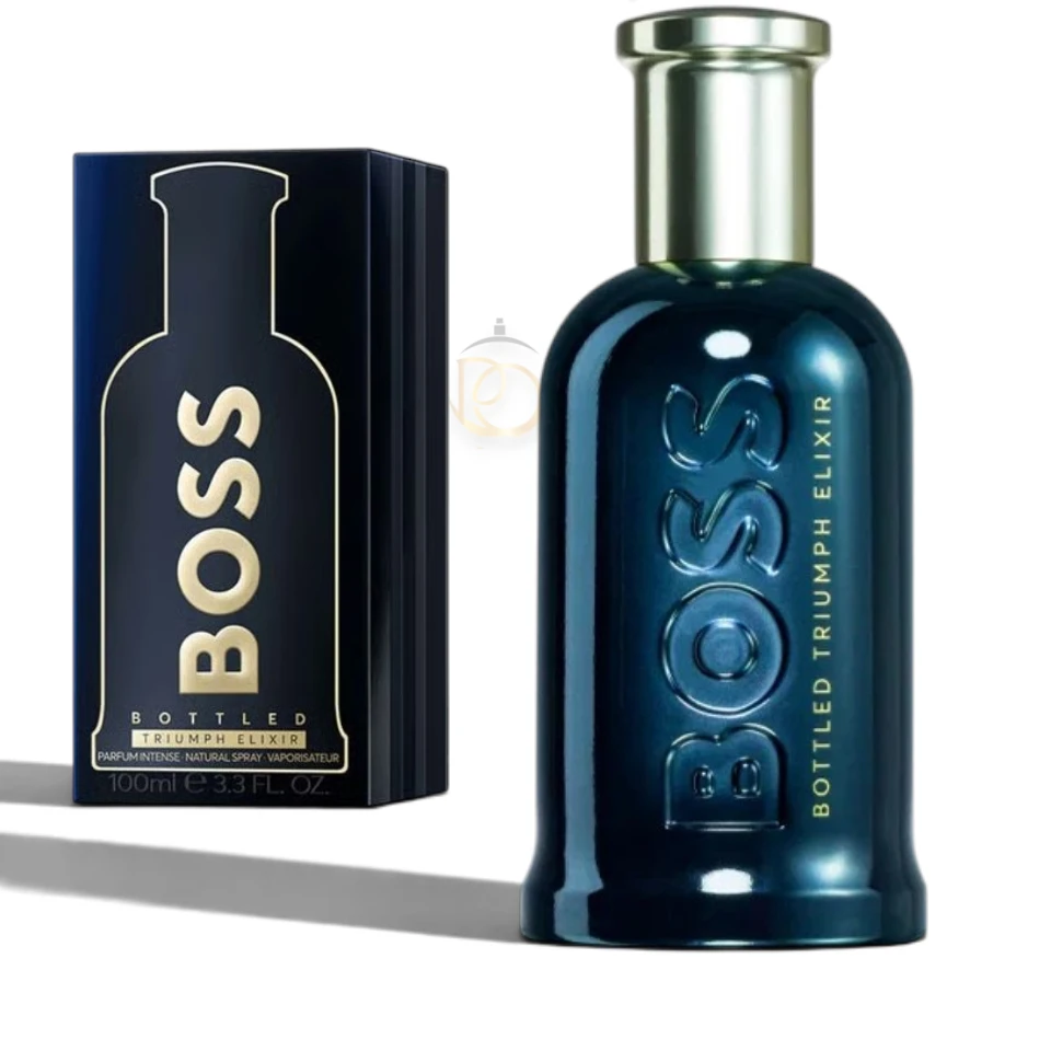 Frasco de Bottled Triumph Elixir Parfum Intense en azul eléctrico opaco con tapa dorada de lujo.