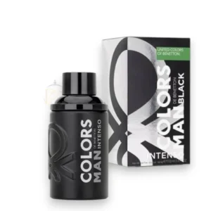 Frasco sobrio y sofisticado del perfume Colors Man Black Intenso EDP sobre fondo oscuro.
