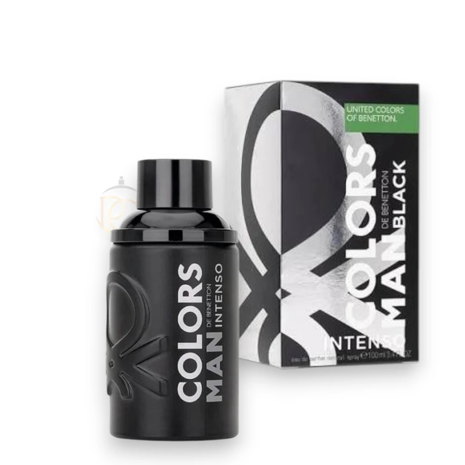 Frasco sobrio y sofisticado del perfume Colors Man Black Intenso EDP sobre fondo oscuro.