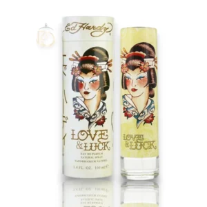 Frasco del perfume Ed Hardy Love & Luck EDP con un diseño elegante sobre un fondo luminoso y moderno.