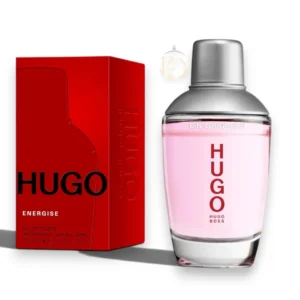 Frasco de Energise Hugo Boss EDT en forma de tubo de ensayo con líquido rojo y tapa metálica.