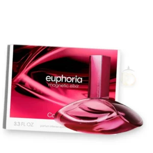 Elegante frasco de Euphoria Magnetic Elixir iluminado con destellos morados y magnéticos.