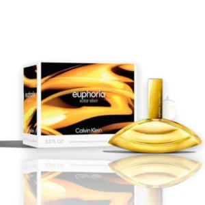 Frasco elegante del perfume Euphoria Solar Elixir Parfum sobre un fondo dorado y radiante.
