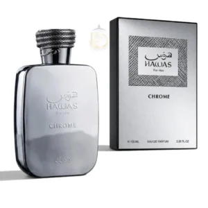 Elegante frasco de Hawas Chrome Rasasi EDP con destellos plateados sobre una superficie reflectante.