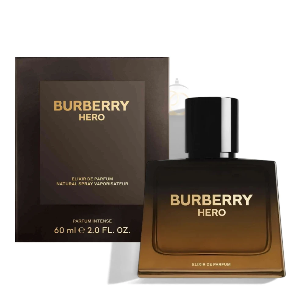 Frasco elegante del perfume Hero Elixir De Parfum sobre un fondo sobrio con destellos dorados.
