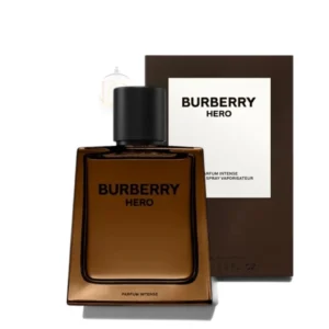 Frasco sobrio del perfume Hero Parfum Intense con elegante diseño amaderado en fondo oscuro sofisticado.