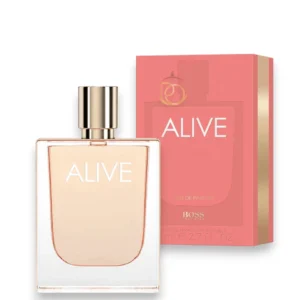 Elegante frasco del perfume Hugo Boss Alive con destellos dorados sobre un fondo luminoso y moderno.