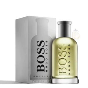Diseño emblemático del frasco de Hugo Boss Bottled EDT con cristal limpio y líquido dorado cálido.