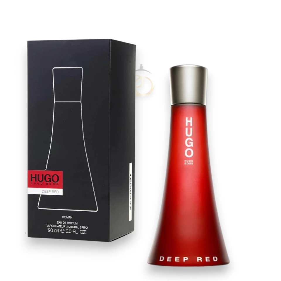 Perfume Hugo Deep Red Dama para mujer en frasco rojo curvado sobre fondo elegante