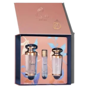 Lattafa Mayar Estuche 3pzs: set elegante con notas frutales, florales y cálidas.