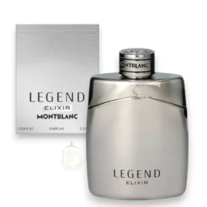 Frasco imponente del perfume Legend Elixir Parfum en tonos oscuros y acabados metálicos.