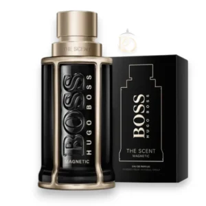 Frasco de The Scent Magnetic EDP en tono negro intenso protegido por una elegante jaula metálica.