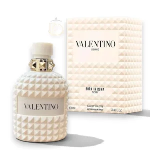 Frasco icónico de Uomo Born In Roma Ivory EDP con detalles de tachuelas en tono marfil.