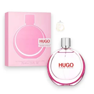 Perfume Woman Extreme EDP de Hugo Boss para mujer en elegante frasco rosa sobre fondo neutro