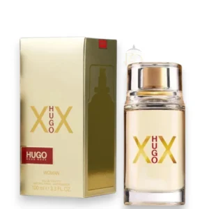 Perfume Woman XX Hugo Boss EDT para mujer en frasco cilíndrico dorado sobre fondo elegante