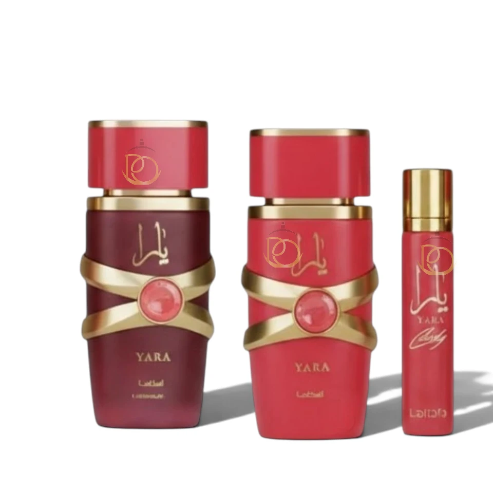 Set de perfume Yara Candy Lattafa de 3 piezas sobre fondo elegante mostrando su diseño exclusivo.