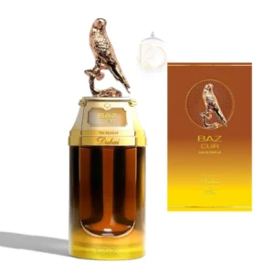 Botella majestuosa con tapa en forma de halcón, reflejando lujo, poder y exclusividad.
