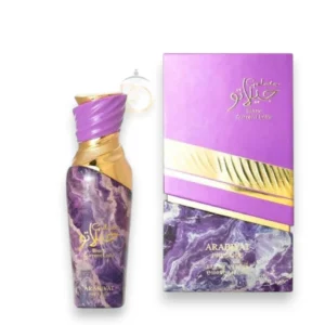 Frasco del perfume Black Current Lolly EDP sobre un fondo morado vibrante con destellos de luz.