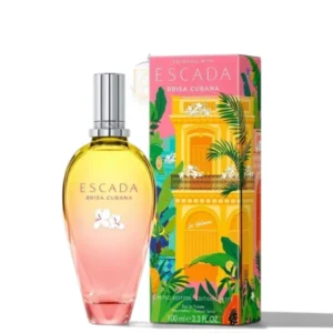 Frasco del perfume Brisa Cubana EDT sobre un fondo azul turquesa con matices solares y de playa.
