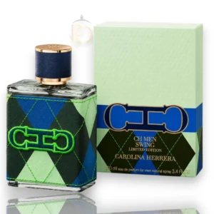 Frasco exclusivo del perfume CH Men Swing Limited Edition presentado sobre un fondo elegante con toques metálicos.