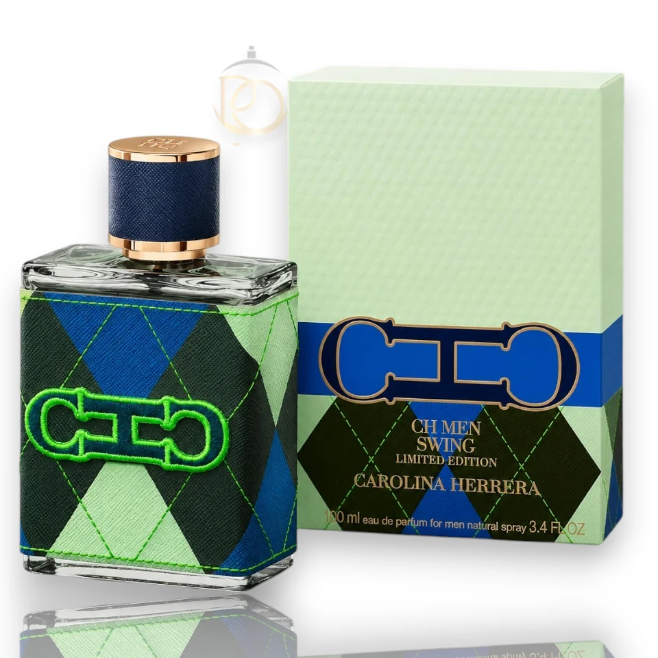 Frasco exclusivo del perfume CH Men Swing Limited Edition presentado sobre un fondo elegante con toques metálicos.
