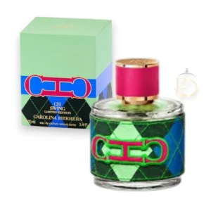 Botella elegante del perfume CH Swing Limited Edition sobre fondo neutro con destellos dorados.
