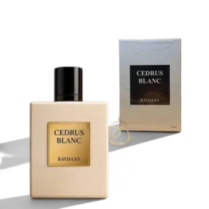 Frasco de Cedrus Blanc Rayhaan EDP con elegante diseño sobre fondo minimalista y de lujo.