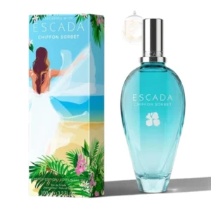 Frasco del perfume Chiffon Sorbet EDT sobre un fondo pastel con matices frutales y reflejos de luz.