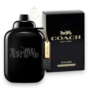 Frasco sofisticado del perfume Coach For Men Black EDP exhibido sobre una superficie de cuero negro.