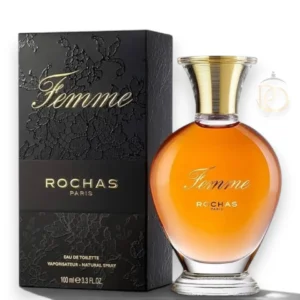 Frasco en forma de ánfora del perfume Femme Rochas EDT con elegante encaje negro de fondo.