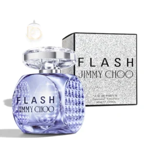 Elegante frasco de cristal facetado del perfume Flash Jimmy Choo EDP sobre un fondo luminoso. dulce especiado suave nardos cítrico animálico atalcado