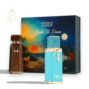 Elegante frasco de perfume Gift Vulcan Feu & Liquid Brun EDP sobre un fondo de lujo y calidez.