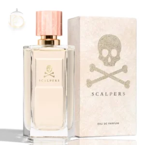 Frasco de cristal del perfume Her & Here EDP con sofisticados detalles dorados sobre fondo claro.