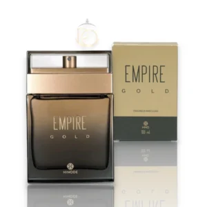 Perfume Hinode Empire Gold EDP en elegante frasco dorado, símbolo de lujo, sofisticación y éxito.
