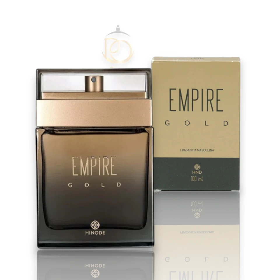 Perfume Hinode Empire Gold EDP en elegante frasco dorado, símbolo de lujo, sofisticación y éxito.