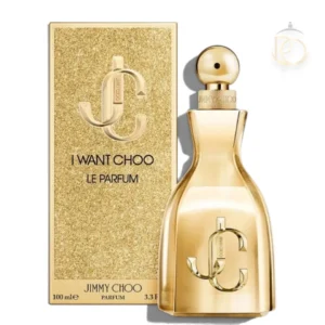 Elegante frasco dorado del perfume I Want Choo Le Parfum sobre fondo sofisticado.