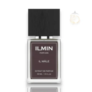 Frasco del perfume IL Male ILMIN sobrio y elegante con fondo oscuro y matices amaderados.