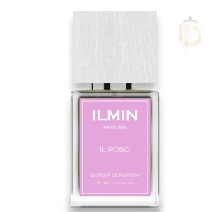 Frasco sofisticado del perfume IL Roso ILMIN resaltado con una iluminación limpia y refinada.