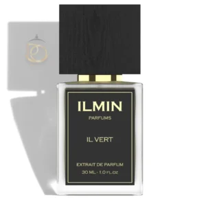 Elegante frasco del perfume IL Vert ILMIN EXTRDP resaltado con iluminación sofisticada y limpia.