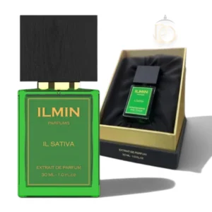 Frasco exclusivo del perfume Il Sativa ILMIN EXTRDP presentado sobre un fondo sofisticado y limpio.